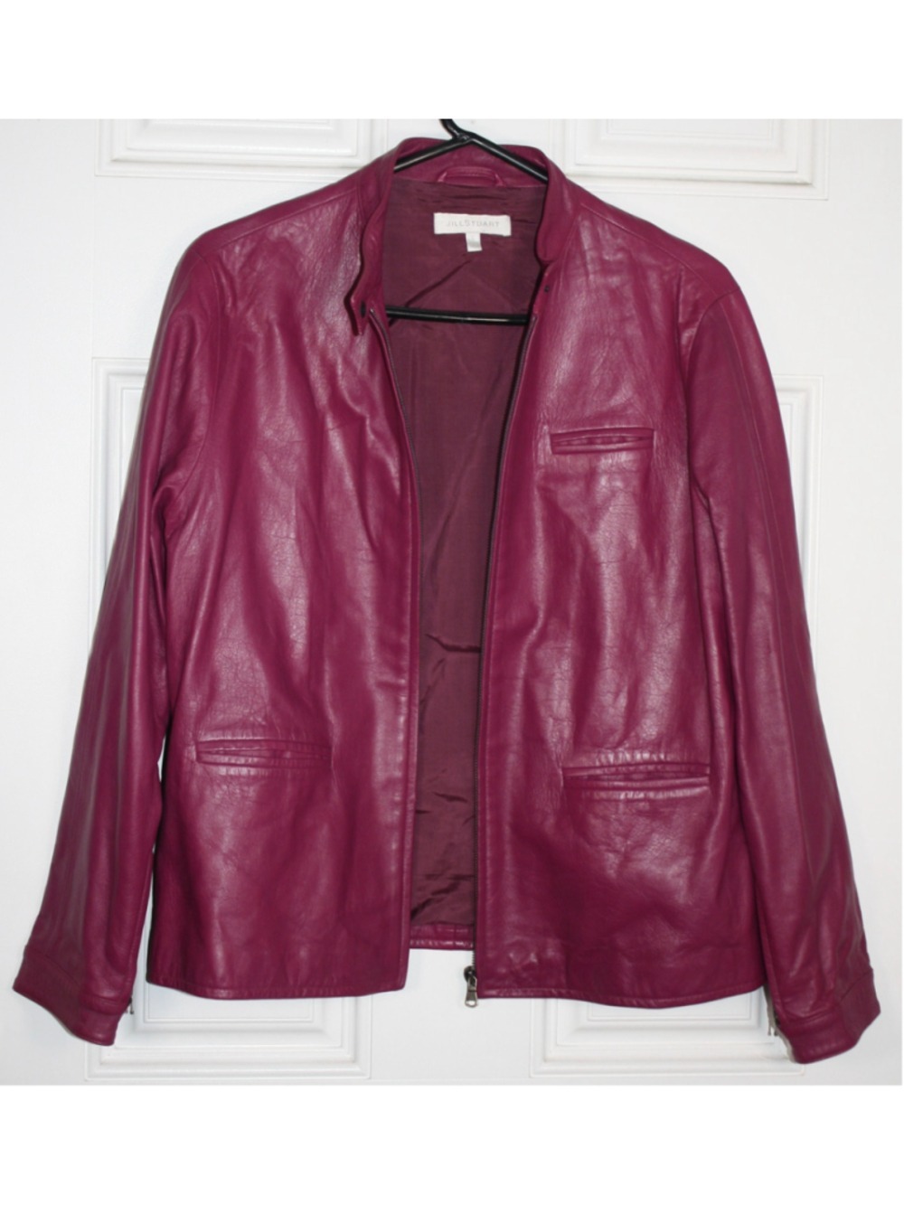Jill Stuart Made in Italy 100% Genuine Leather Jacket Zip Front Magenta Berry L